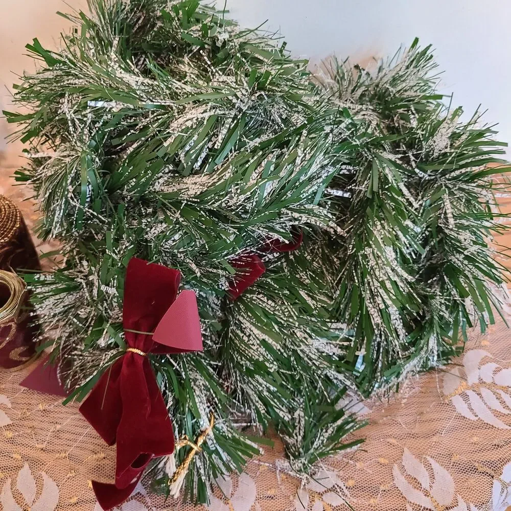 Vintage Holiday Decor Bundle Wire Basket | Garland | Ribbon | Satin Bag | Lace